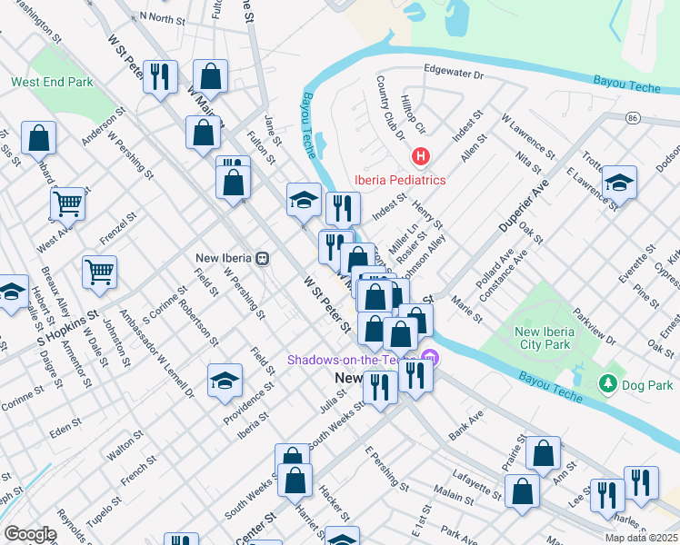 map of restaurants, bars, coffee shops, grocery stores, and more near 303 West Main Street in New Iberia