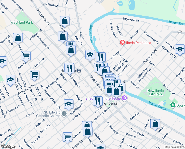 map of restaurants, bars, coffee shops, grocery stores, and more near 119 Jefferson Street in New Iberia