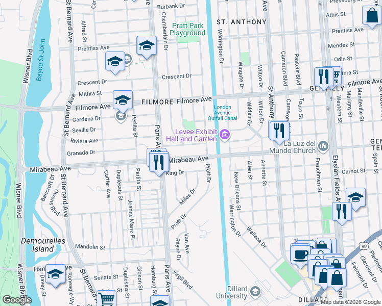 map of restaurants, bars, coffee shops, grocery stores, and more near 1619 Mirabeau Avenue in New Orleans