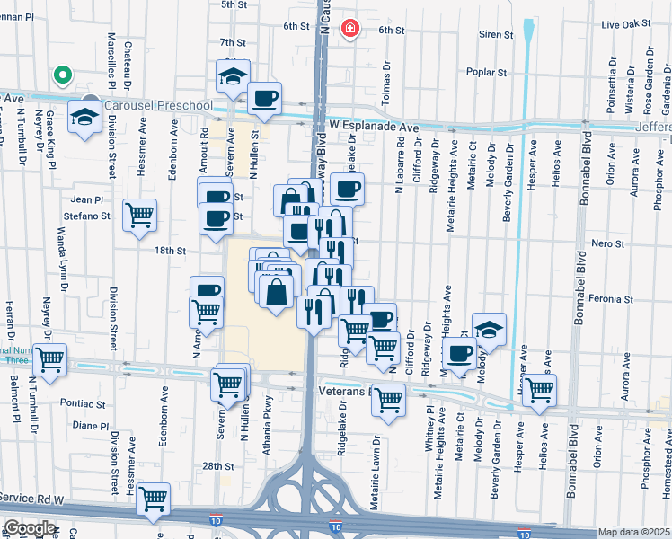 map of restaurants, bars, coffee shops, grocery stores, and more near 3201 North Causeway Boulevard in Metairie
