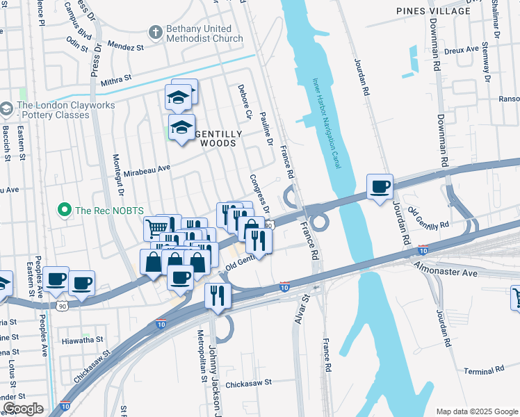 map of restaurants, bars, coffee shops, grocery stores, and more near 4901 Chef Menteur Highway in New Orleans