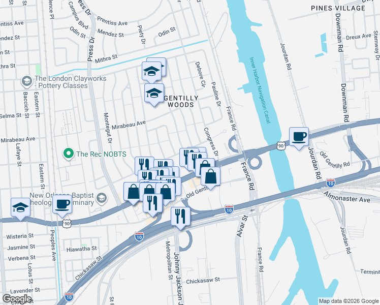 map of restaurants, bars, coffee shops, grocery stores, and more near 4803 Chef Menteur Highway in New Orleans