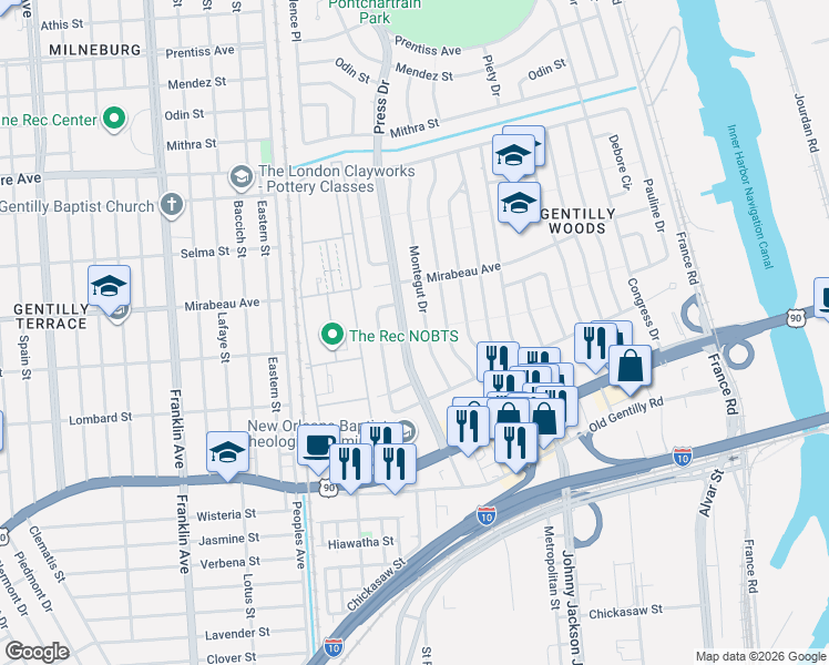 map of restaurants, bars, coffee shops, grocery stores, and more near 4660 Press Drive in New Orleans