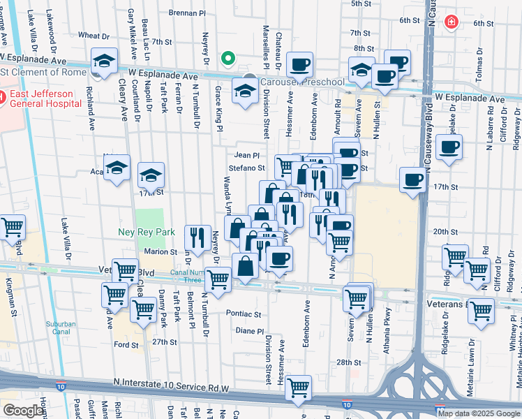 map of restaurants, bars, coffee shops, grocery stores, and more near 3726 Olney Street in Metairie