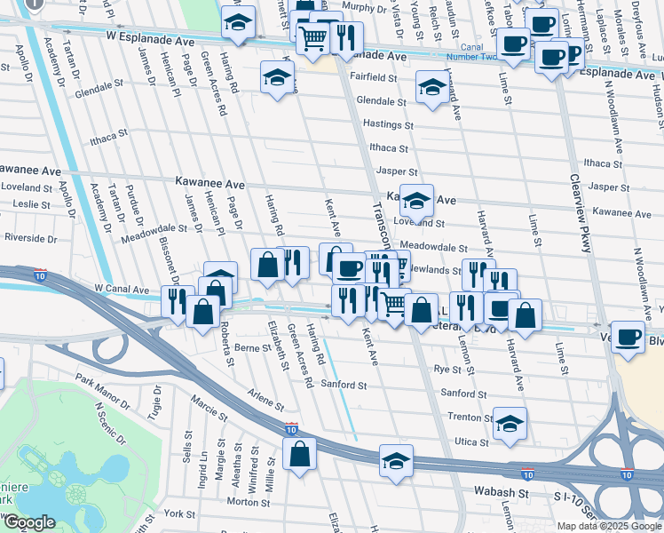 map of restaurants, bars, coffee shops, grocery stores, and more near 3400 Kent Avenue in Metairie