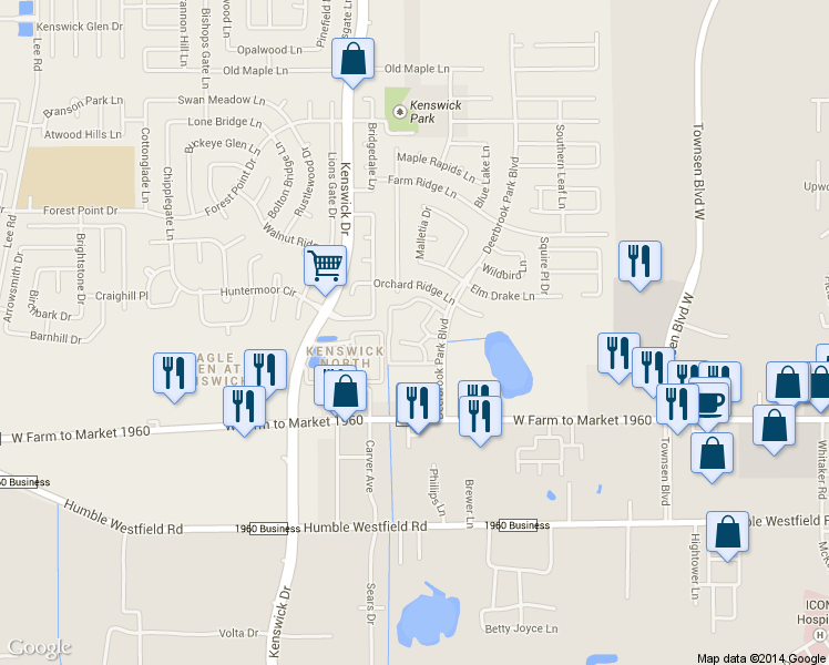map of restaurants, bars, coffee shops, grocery stores, and more near 19777 Deerbrook Park Boulevard in Humble