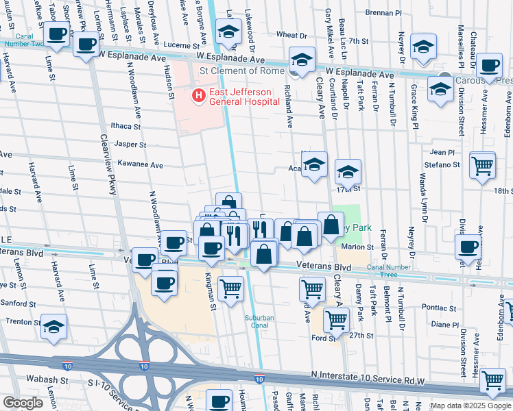 map of restaurants, bars, coffee shops, grocery stores, and more near 4505 Karen Court in Metairie
