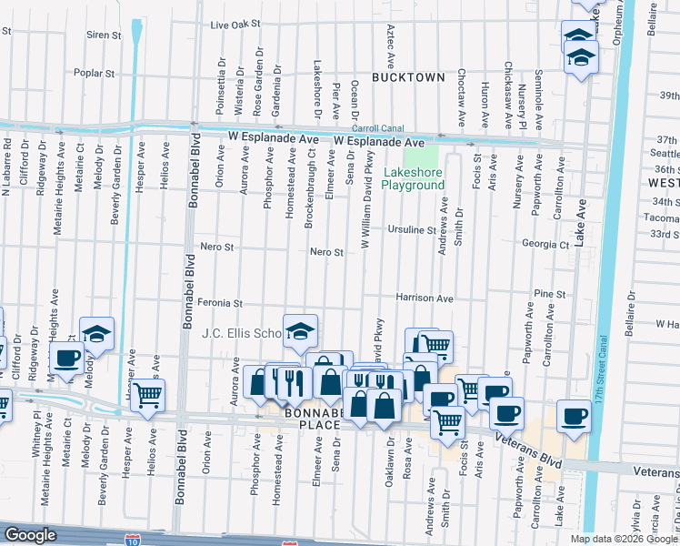 map of restaurants, bars, coffee shops, grocery stores, and more near 924 Sena Drive in Metairie
