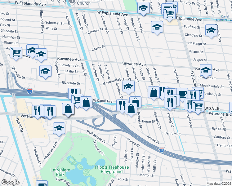map of restaurants, bars, coffee shops, grocery stores, and more near 3309 Purdue Drive in Metairie