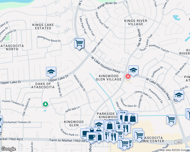 map of restaurants, bars, coffee shops, grocery stores, and more near 6146 Bailey's Town Court in Humble