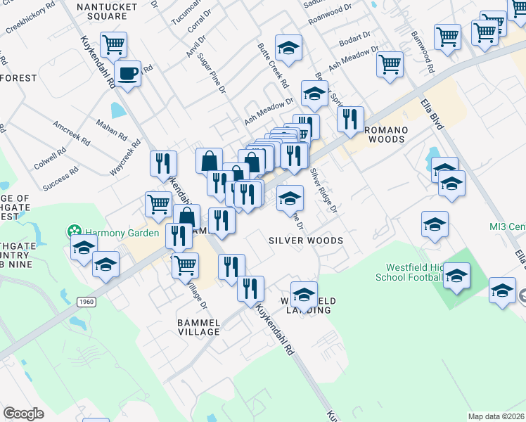 map of restaurants, bars, coffee shops, grocery stores, and more near 2103 FM 1960 Road West in Houston