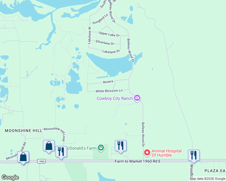 map of restaurants, bars, coffee shops, grocery stores, and more near 19803 Belle Way Drive in Humble