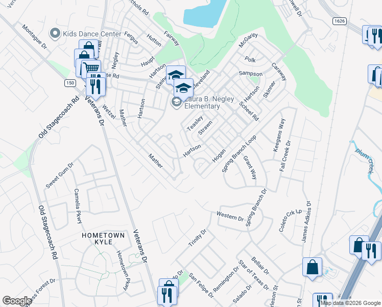 map of restaurants, bars, coffee shops, grocery stores, and more near 5419 Hartson in Kyle