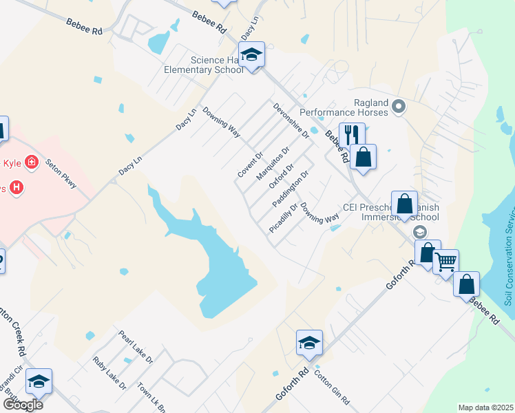 map of restaurants, bars, coffee shops, grocery stores, and more near 411 Oxford Drive in Kyle