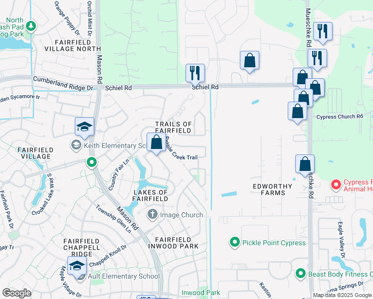 map of restaurants, bars, coffee shops, grocery stores, and more near 15914 Pebble Creek Trail in Cypress