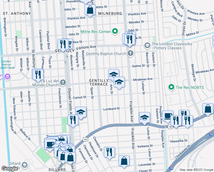 map of restaurants, bars, coffee shops, grocery stores, and more near 4731 Music Street in New Orleans