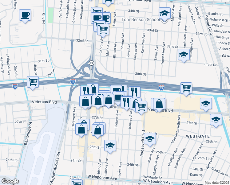 map of restaurants, bars, coffee shops, grocery stores, and more near 2240 Veterans Memorial Boulevard in Kenner