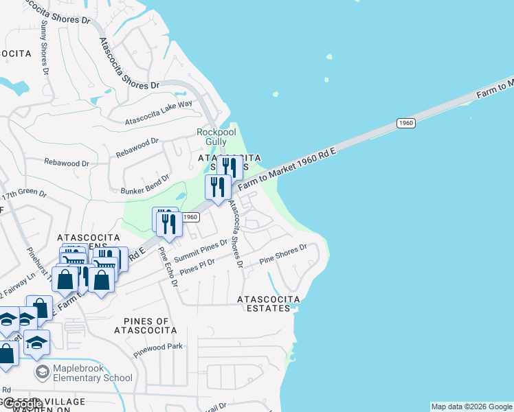 map of restaurants, bars, coffee shops, grocery stores, and more near 19800 Atascocita Shores Drive in Humble