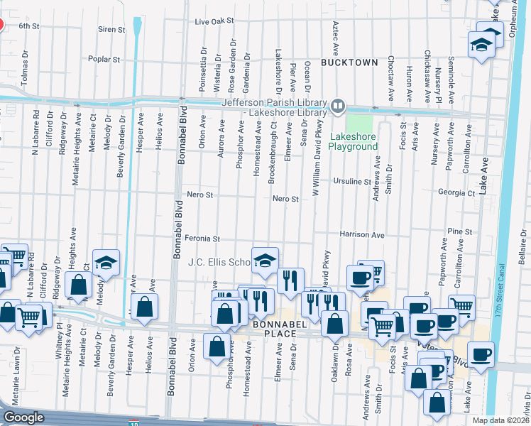 map of restaurants, bars, coffee shops, grocery stores, and more near 923 Brockenbraugh Court in Metairie