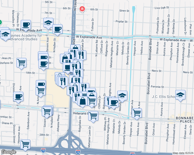 map of restaurants, bars, coffee shops, grocery stores, and more near 3116 North Labarre Road in Metairie