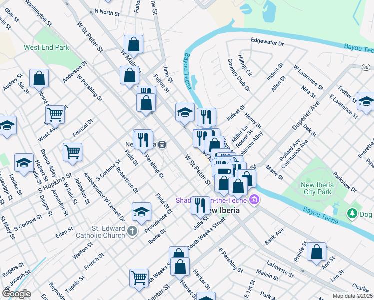 map of restaurants, bars, coffee shops, grocery stores, and more near 119 Jefferson Street in New Iberia