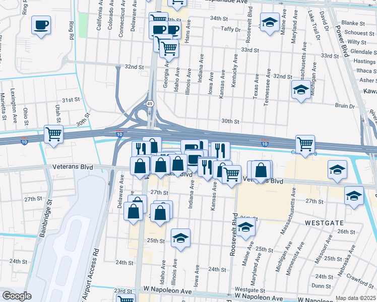 map of restaurants, bars, coffee shops, grocery stores, and more near 2240 Veterans Memorial Boulevard in Kenner