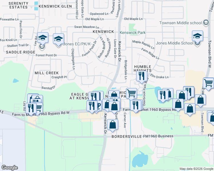 map of restaurants, bars, coffee shops, grocery stores, and more near 19702 Lions Gate Court in Humble