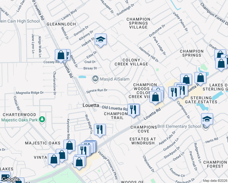 map of restaurants, bars, coffee shops, grocery stores, and more near 16835 Markridge Drive in Spring