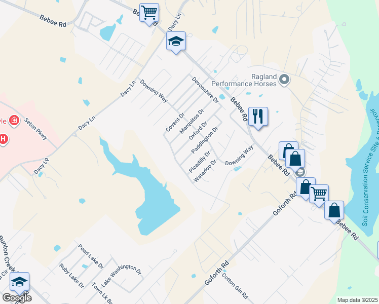 map of restaurants, bars, coffee shops, grocery stores, and more near 398 Paddington Drive in Kyle