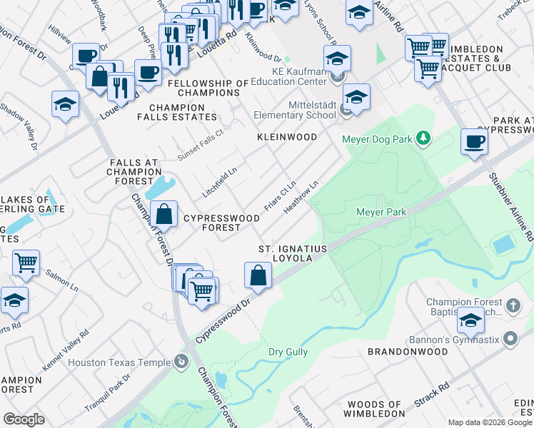 map of restaurants, bars, coffee shops, grocery stores, and more near 7907 Heathrow Lane in Spring