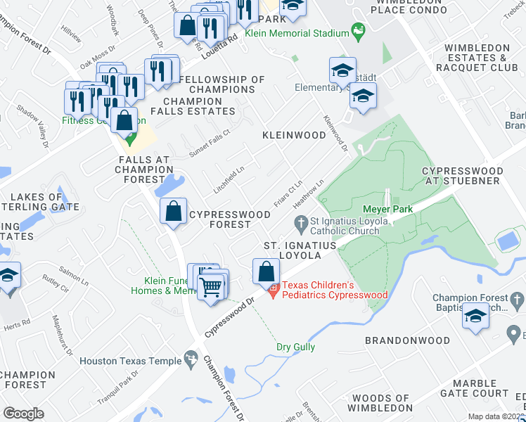 map of restaurants, bars, coffee shops, grocery stores, and more near 7922 Friars Court Lane in Spring
