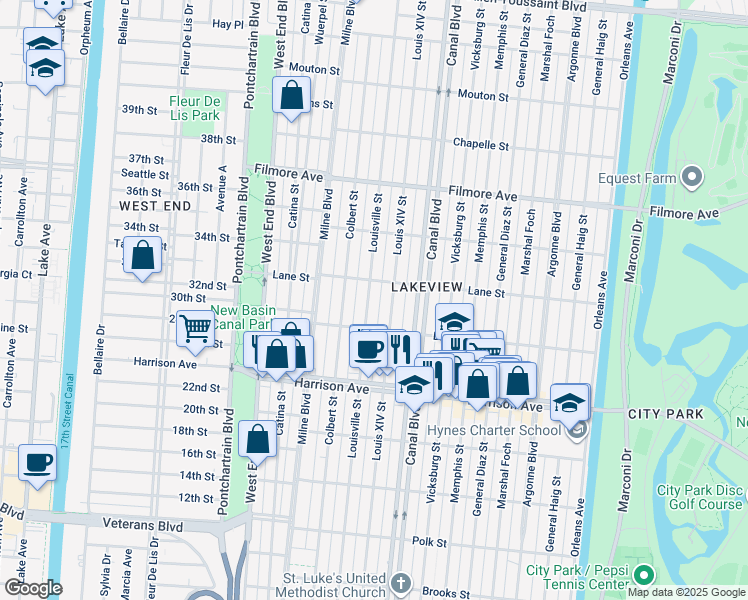 map of restaurants, bars, coffee shops, grocery stores, and more near 6424 Louis XIV Street in New Orleans
