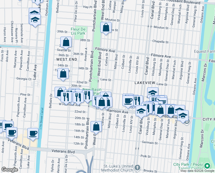 map of restaurants, bars, coffee shops, grocery stores, and more near 6394 Milne Boulevard in New Orleans