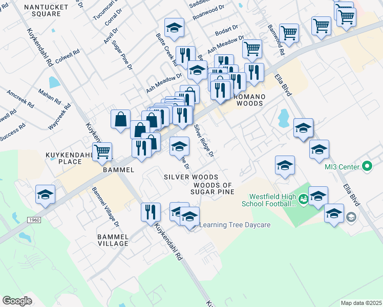 map of restaurants, bars, coffee shops, grocery stores, and more near 16844 Sugar Pine Drive in Houston