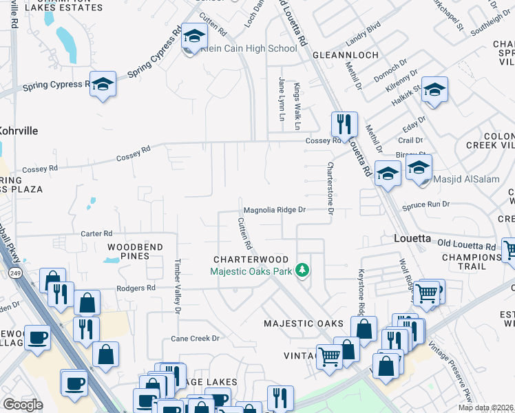 map of restaurants, bars, coffee shops, grocery stores, and more near 16330 Cutten Road in Houston