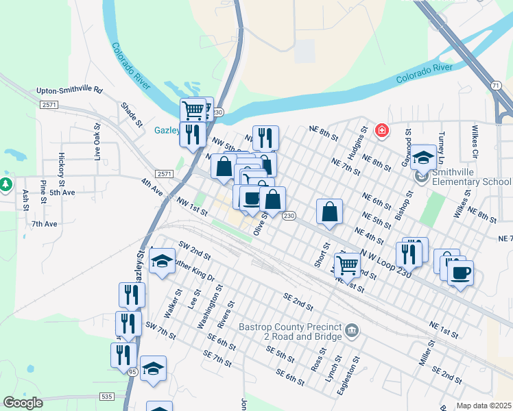 map of restaurants, bars, coffee shops, grocery stores, and more near 200 Main Street in Smithville