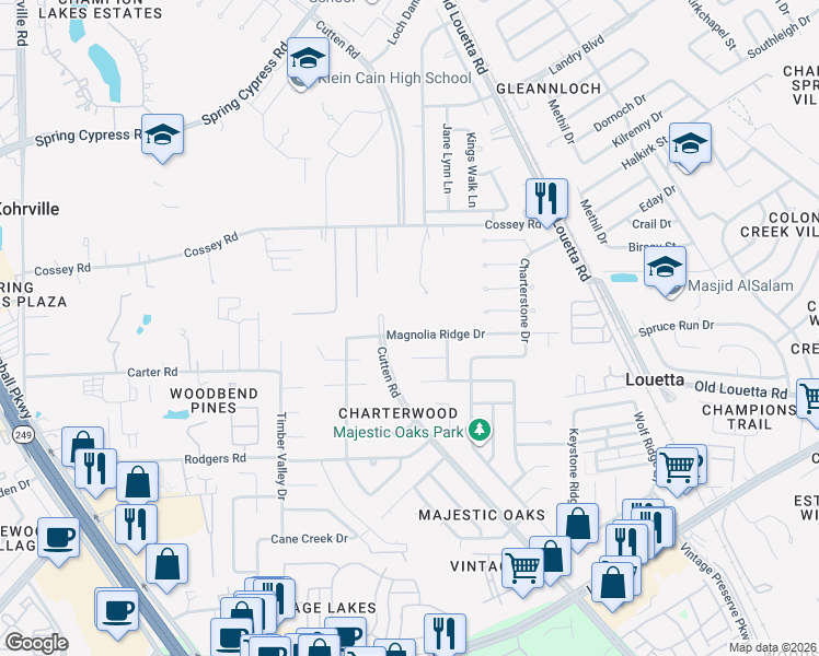 map of restaurants, bars, coffee shops, grocery stores, and more near 16330 Cutten Road in Houston