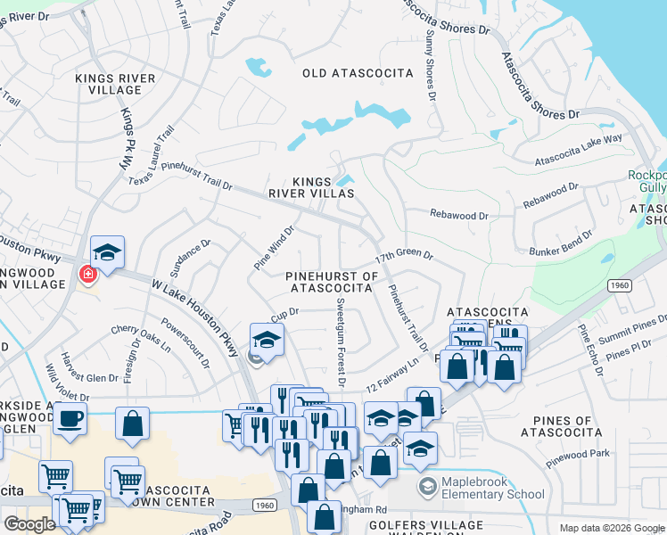 map of restaurants, bars, coffee shops, grocery stores, and more near 7703 Pine Green Lane in Humble