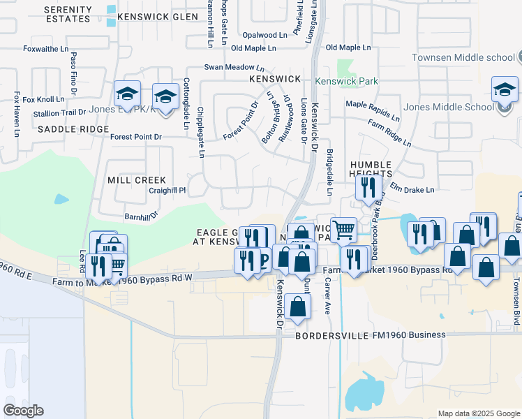 map of restaurants, bars, coffee shops, grocery stores, and more near 19101 Bellaw Woods Drive in Humble