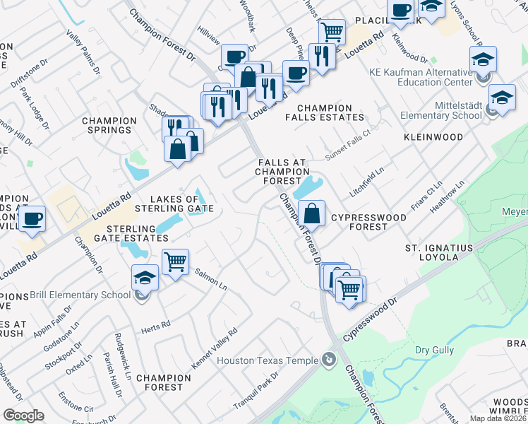 map of restaurants, bars, coffee shops, grocery stores, and more near 8319 Astwood Court in Spring