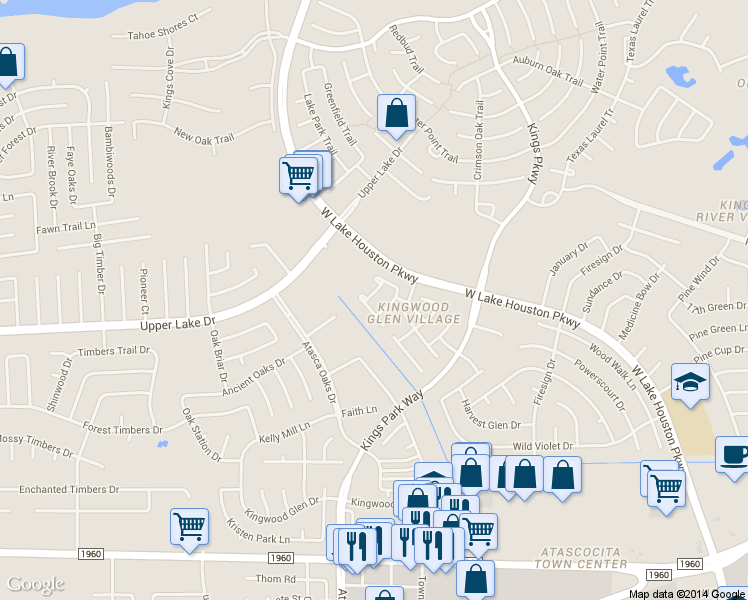 map of restaurants, bars, coffee shops, grocery stores, and more near 6314 Encenada Green Trail in Humble
