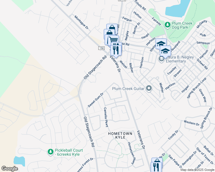 map of restaurants, bars, coffee shops, grocery stores, and more near 893 Sweet Gum Drive in Kyle