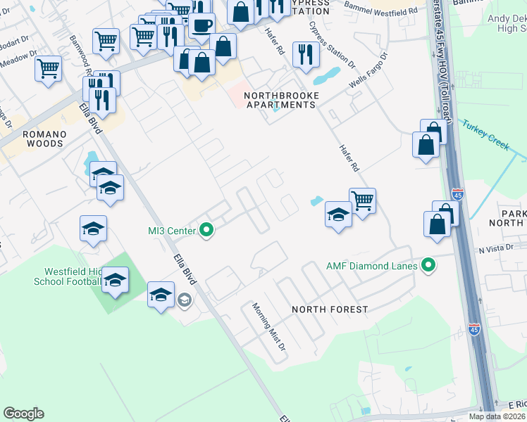 map of restaurants, bars, coffee shops, grocery stores, and more near 16562 Cheshire Grove Lane in Houston