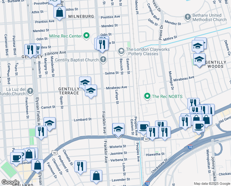 map of restaurants, bars, coffee shops, grocery stores, and more near 4715 Demontluzin Street in New Orleans