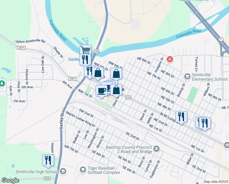 map of restaurants, bars, coffee shops, grocery stores, and more near 200 Main Street in Smithville