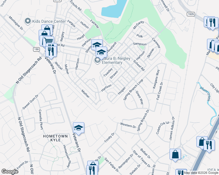 map of restaurants, bars, coffee shops, grocery stores, and more near 123 Tompkins in Kyle