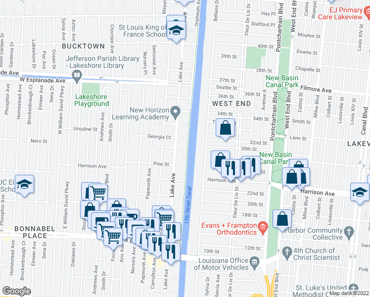 map of restaurants, bars, coffee shops, grocery stores, and more near 101 Cotton Street in Metairie