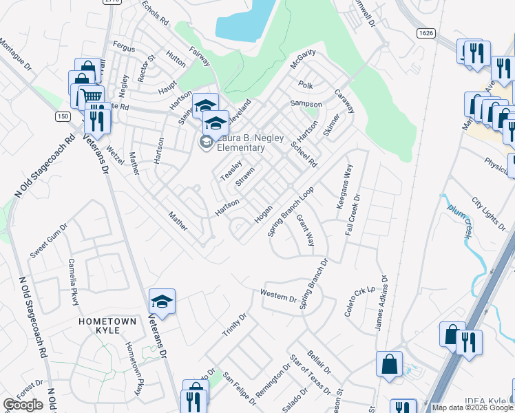 map of restaurants, bars, coffee shops, grocery stores, and more near 136 Strawn in Kyle