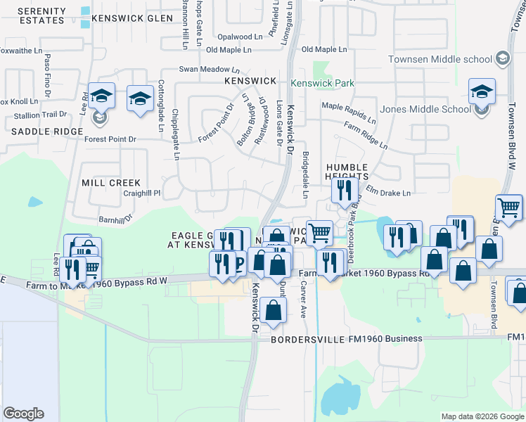 map of restaurants, bars, coffee shops, grocery stores, and more near 19702 Lions Gate Court in Humble