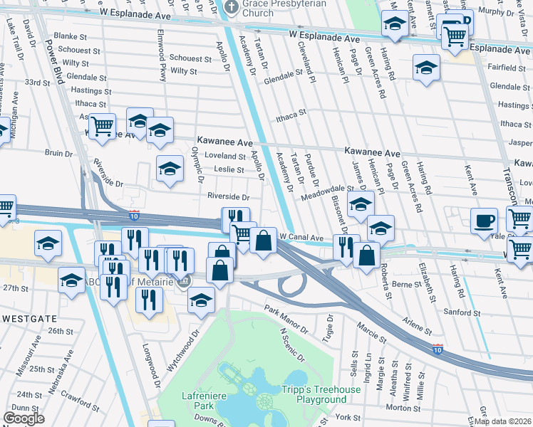 map of restaurants, bars, coffee shops, grocery stores, and more near 3501 Apollo Drive in Metairie